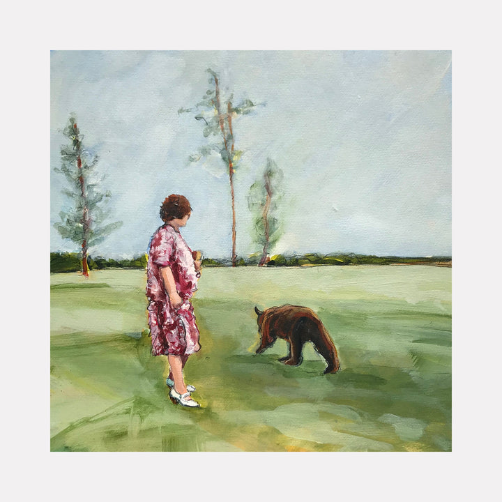 The artwork "Just Lost My Picnic Spirit" by Jo Carol Mitchell-Rogers depicts a contemplative figure in a red patterned dress standing on a textured grassy field under a pale sky, accompanied by a small brown animal. The loose, impressionistic brushstrokes and muted color palette evoke styles reminiscent of Edward Hopper and Andrew Wyeth.