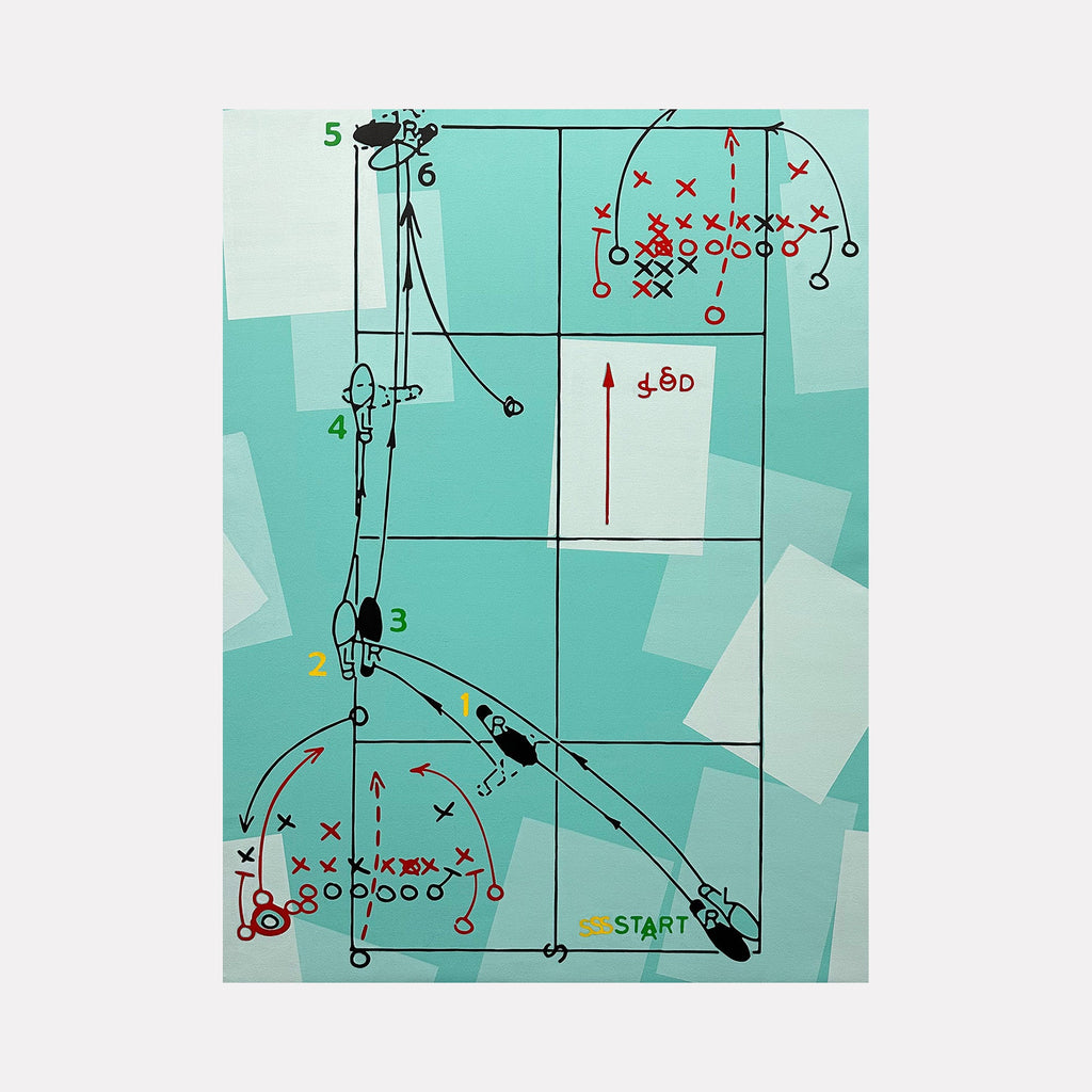 The artwork 'Just try it out' by Evan Peltzman features a sports strategy diagram on a turquoise background. Black lines and arrows form a dynamic play pattern, with red X's and O's marking player positions. The minimalist design resembles a football playbook illustration on an abstract layered mint-green backdrop. Acrylic on canvas-wrapped wood panel by Evan Peltzman.