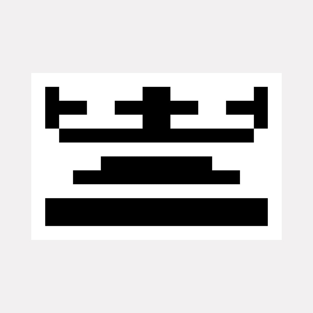 The artwork "KING [.625x]" by Harold Herb features bold black geometric shapes arranged in a minimalist rectangular composition on a white background. The piece emphasizes stark contrast and digital abstraction, evoking the graphic precision and simplified forms found in the works of Kazimir Malevich and early constructivist artists.
