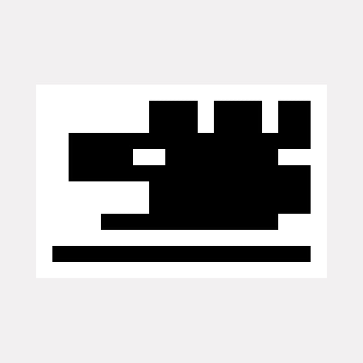 The artwork "KNIGHT [R]" by Harold Herb features a bold black geometric composition on a stark white background, with block-like shapes forming an abstract profile. The minimalist, pixel-inspired design echoes the sharp abstraction found in Sol LeWitt's grid works and the digital aesthetics of early computer art pioneers.
