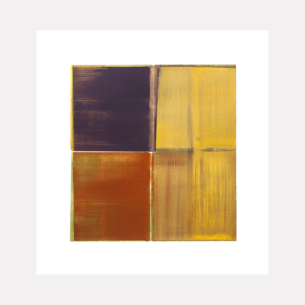 Saffron and Sage by Ken Schiano is a Curina art piece featuring four rectangular blocks in deep purple, bright saffron yellow, rich rust orange, and muted gold, layered with subtle texture and soft brushstrokes creating a balanced, abstract color study.