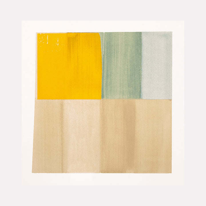 The Border of Intimate Sorrows by Ken Schiano is a Curina art piece featuring minimalist color blocks in vibrant yellow, muted green, and soft beige tones, creating a subtle textured abstract design that explores balance and quiet emotion through layered paint.