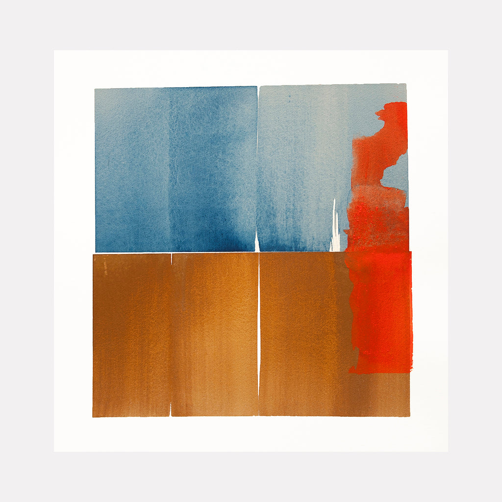 The Assumptive Desire by Ken Schiano is a Curina art piece featuring a minimalist abstract composition with bold blue rectangles above warm ochre blocks, accented by an uneven splash of vibrant red on a crisp white background, evoking contemplative balance and contrast.