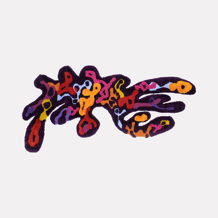 The artwork "King Vulture" by Abigail Henthorne features an abstract, organic shape with intricate, flowing forms in vivid reds, oranges, purples, and blues against a light background. The dynamic composition recalls the playful abstractions of Joan Miró and the bold, biomorphic designs of Jean Dubuffet.