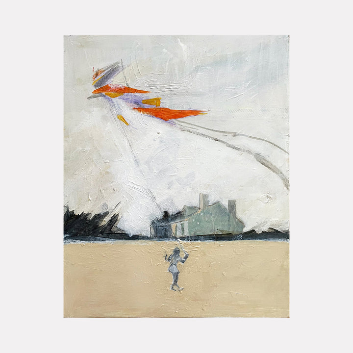 The artwork "Kite" by Chris Baily features a minimalist composition with a muted color palette of soft grays, beige, and subtle blues. A small human figure flies a vibrant orange and purple kite over a textured landscape with a distant house silhouette. The textured brushstrokes and sparse forms evoke the atmospheric simplicity reminiscent of Andrew Wyeth and Edward Hopper.