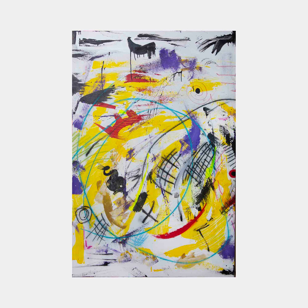 The artwork "Kobe" by Cavier Coleman features an abstract expressionist composition with vibrant splashes of yellow, red, black, and purple. Dynamic brushstrokes and layered textures create energetic movement with circular and linear forms, evoking the spontaneity of Cy Twombly and the color contrasts of Wassily Kandinsky.