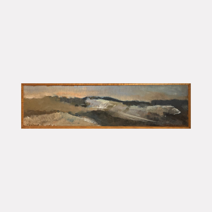 LAST SNOW by Diane Love captures a muted, atmospheric landscape in soft earth tones and grays. The horizontal composition uses delicate brushstrokes and layered textures to evoke a quiet, fading winter scene under a muted sky, blending organic forms into a serene, evocative panoramic view.