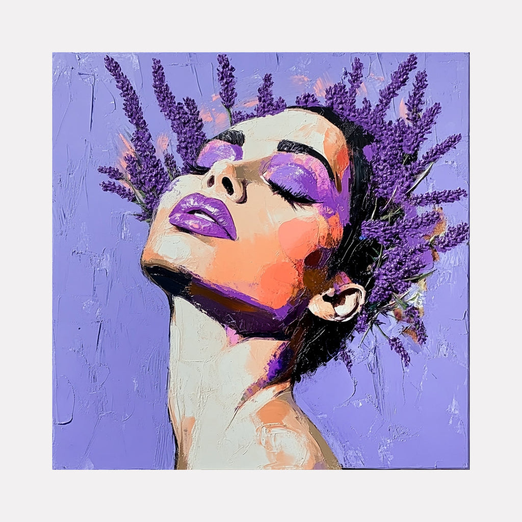 The artwork "Lavender Pure Joy" by Claudia Sauter in gallery position 1 depicts a stylized female portrait with a serene expression, adorned with textured lavender sprigs forming a crown against a vibrant purple background. The mixed media layering and bold color contrasts evoke influences from Frida Kahlo’s intimate portraiture and the rhythmic use of color by Henri Matisse.