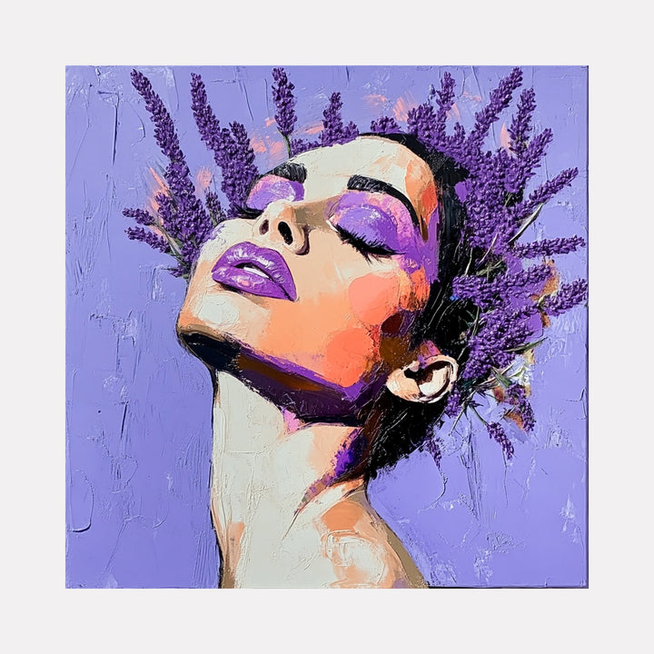 The artwork "Lavender Pure Joy" by Claudia Sauter in gallery position 1 depicts a stylized female portrait with a serene expression, adorned with textured lavender sprigs forming a crown against a vibrant purple background. The mixed media layering and bold color contrasts evoke influences from Frida Kahlo’s intimate portraiture and the rhythmic use of color by Henri Matisse.