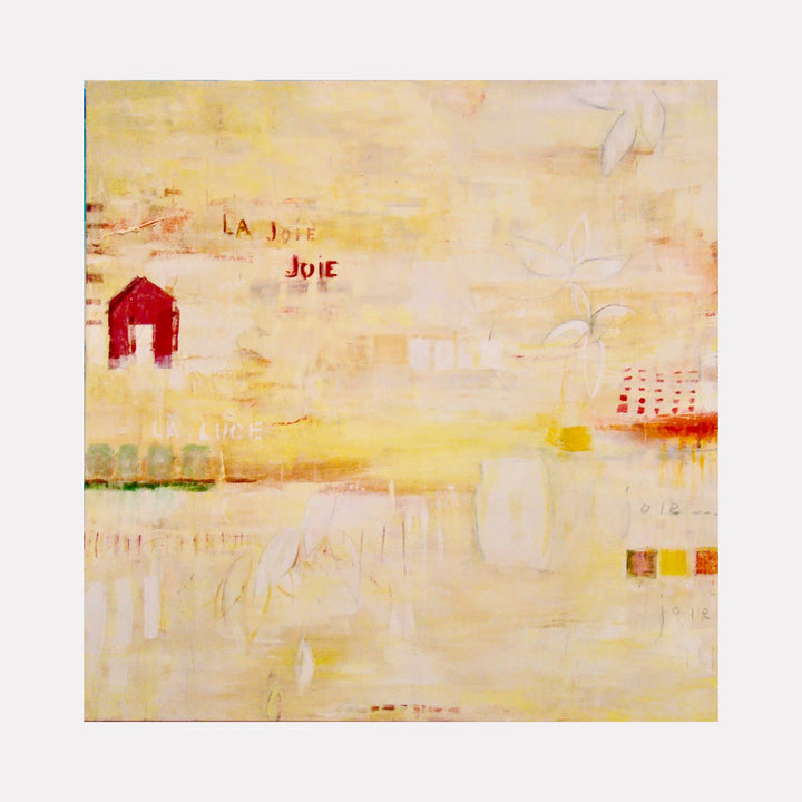 The artwork "LA JOIE (JOY)" features a soft, abstract composition with warm yellow, beige, and red tones. It includes subtle shapes such as a small red house, faint outlines of flowers, and delicate textures that create a serene and joyful atmosphere. The piece showcases a blend of minimalist and abstract styles. By Amadea Bailey.