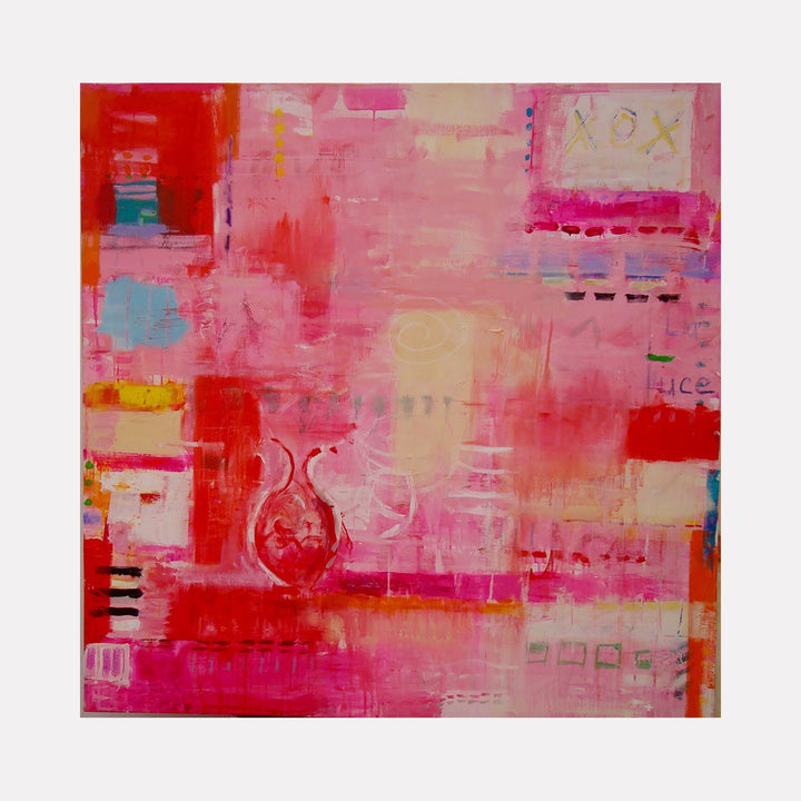 The artwork "LA LUCE" features an abstract composition dominated by vibrant shades of pink, red, and hints of yellow and blue, with textured brushstrokes and geometric shapes interspersed throughout. The piece combines soft blending with bold linear accents, creating a dynamic yet harmonious effect. By Amadea Bailey.