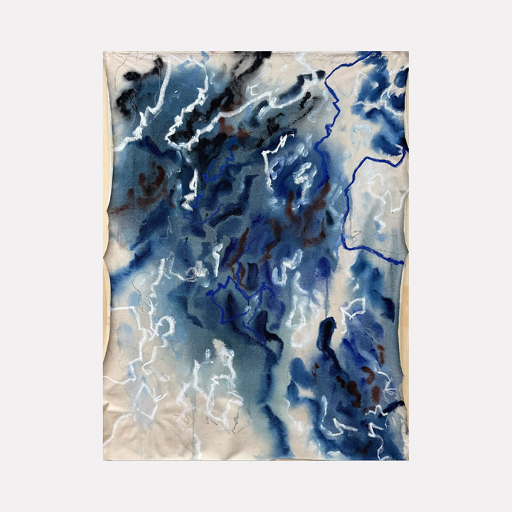 The artwork "Leap" by Adele Marchant features an abstract composition of flowing, organic shapes in deep blues, whites, and touches of dark brown on a light background. The textured layers resemble the fluidity of watercolor mixed with delicate linework reminiscent of Cy Twombly’s gestural style and the atmospheric depth found in Helen Frankenthaler’s color field paintings.