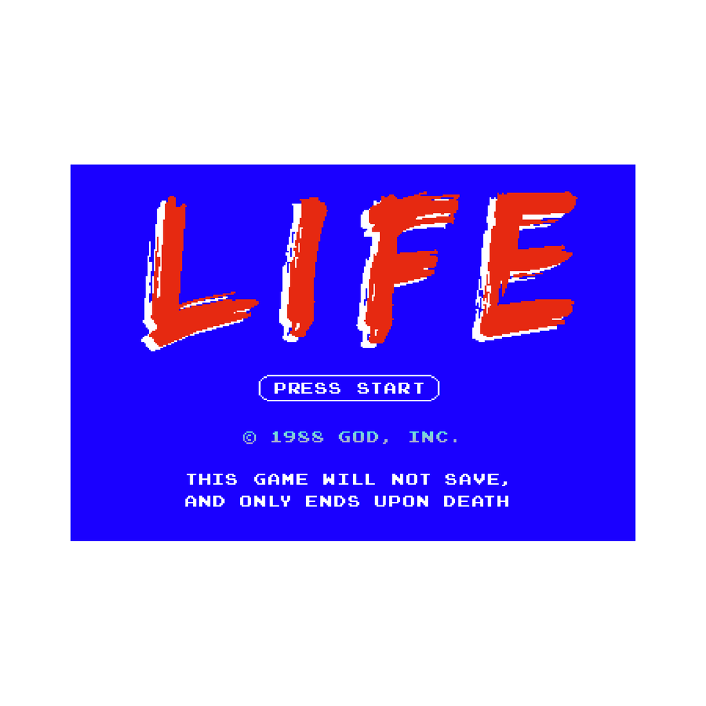 The artwork "LIFE" by Harold Herb features bold, hand-painted red lettering on a vivid cobalt blue background, evoking the raw simplicity and graphic directness found in early digital user interfaces. The textured brushstrokes combined with minimal, pixel-inspired text recall the visual language of 1980s video games and the stark conceptual style of Barbara Kruger’s text-based art.