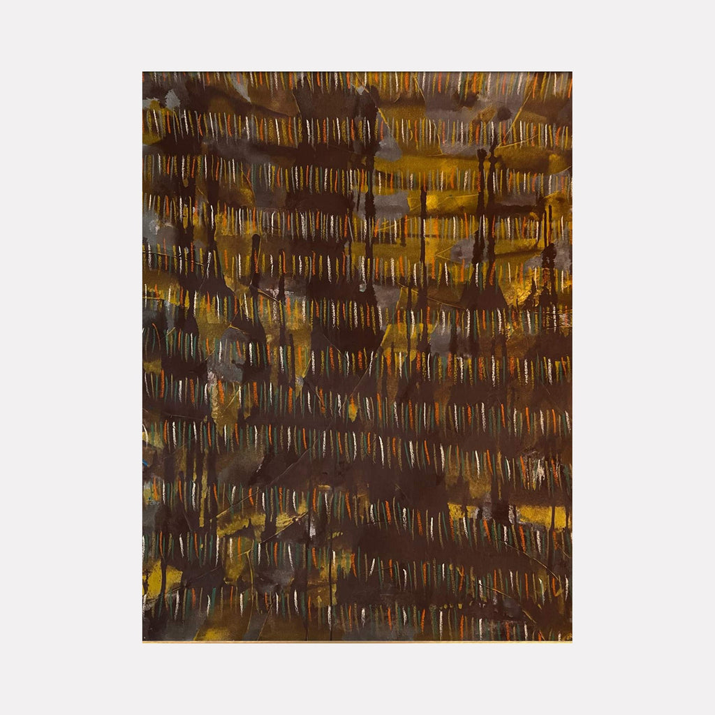 The artwork "Line Path 10" features a dense arrangement of vertical and horizontal lines in earthy tones of brown, ochre, and muted yellow, creating a textured, layered effect with a subtle interplay of light and shadow. The abstract style emphasizes rhythmic patterns and depth. By Albion Vu.