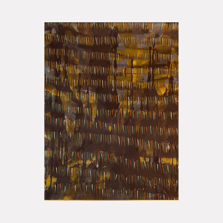 The artwork "Line Path 10" features a dense arrangement of vertical and horizontal lines in earthy tones of brown, ochre, and muted yellow, creating a textured, layered effect with a subtle interplay of light and shadow. The abstract style emphasizes rhythmic patterns and depth. By Albion Vu.