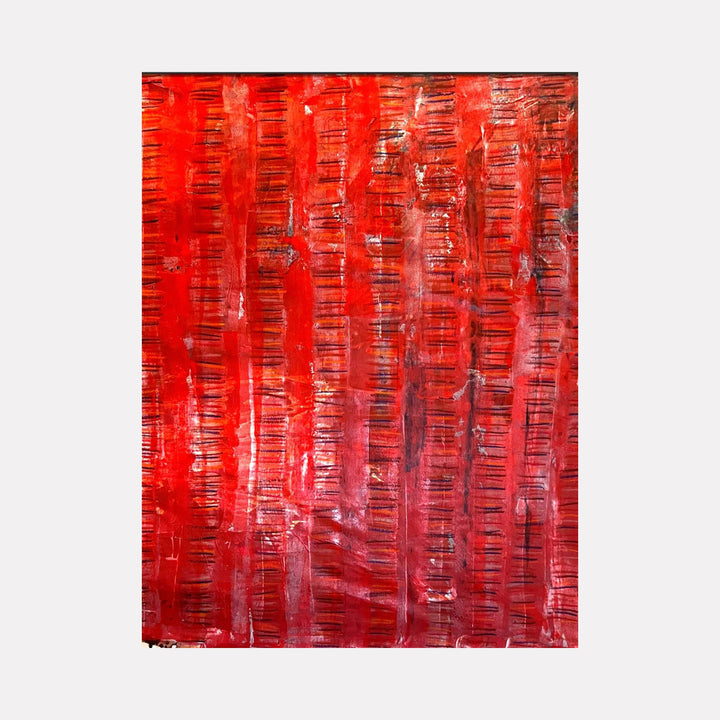 The artwork "Line Path 11" features vertical red and black lines with textured layers of acrylics and oil pastel on canvas, creating a vibrant, dynamic pattern with depth and movement. This abstract piece measures 46 by 56 inches and showcases rich hues and bold strokes. By Albion Vu.