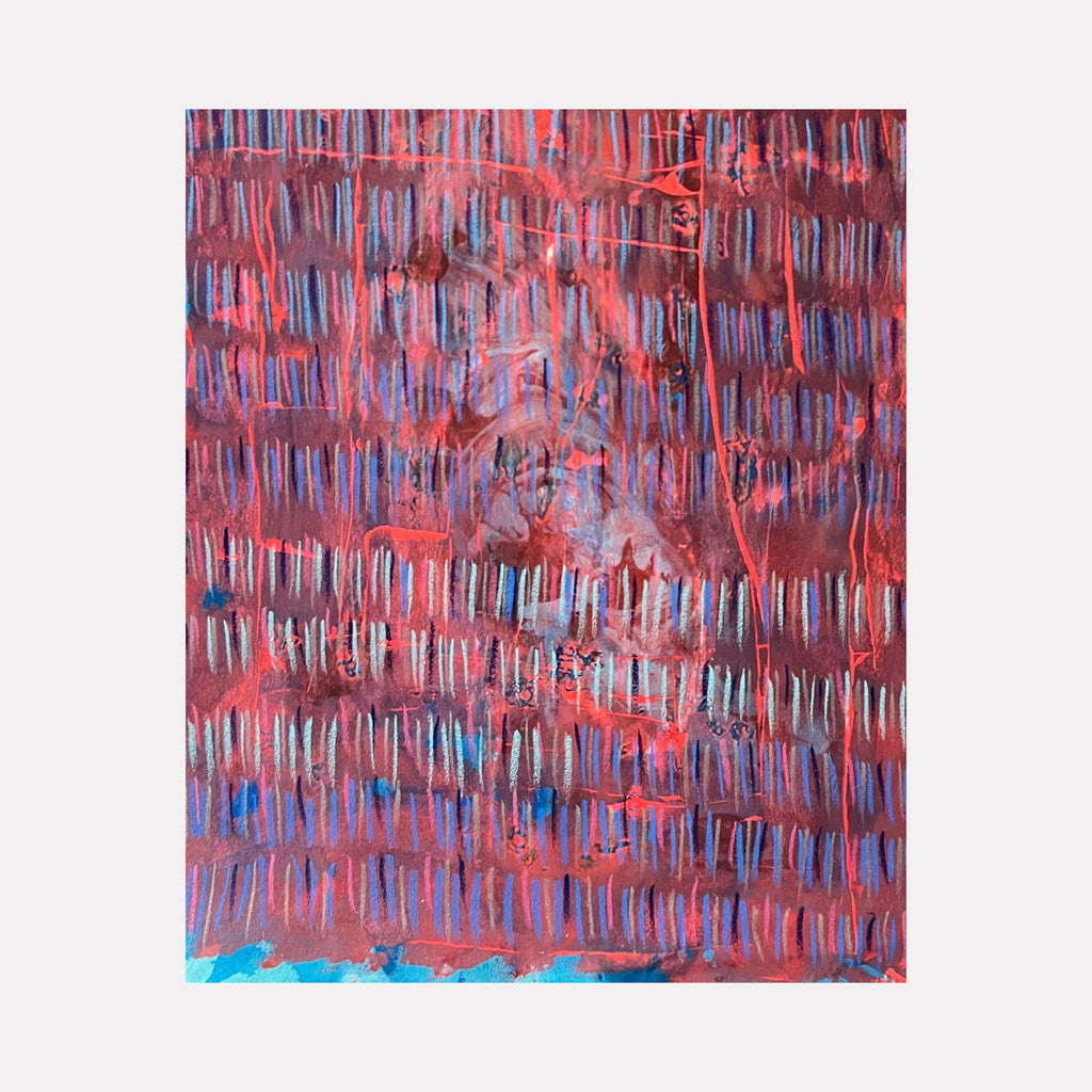 The artwork "Line Path 1" features a vibrant abstract composition with vertical blue and white strokes layered over a mottled red and brown background, accented by expressive red lines and textured brushwork using acrylics and oil pastel on canvas. The piece measures 55 by 38 inches. By Albion Vu.