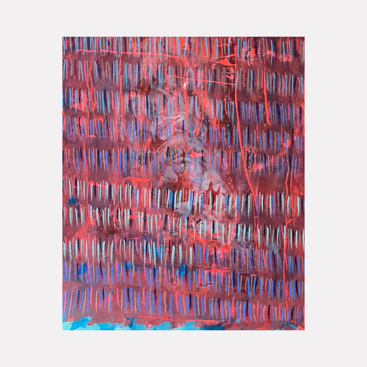 The artwork "Line Path 1" features a vibrant abstract composition with vertical blue and white strokes layered over a mottled red and brown background, accented by expressive red lines and textured brushwork using acrylics and oil pastel on canvas. The piece measures 55 by 38 inches. By Albion Vu.