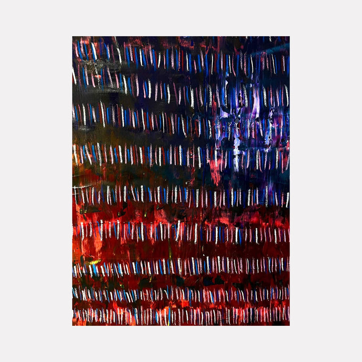 The artwork "Line Path 2" features a series of vertical, multicolored lines arranged in horizontal bands, creating a textured and layered effect with dominant hues of red, blue, purple, and hints of white. The abstract style highlights contrast and depth, showcasing dynamic brushstrokes by Albion Vu.