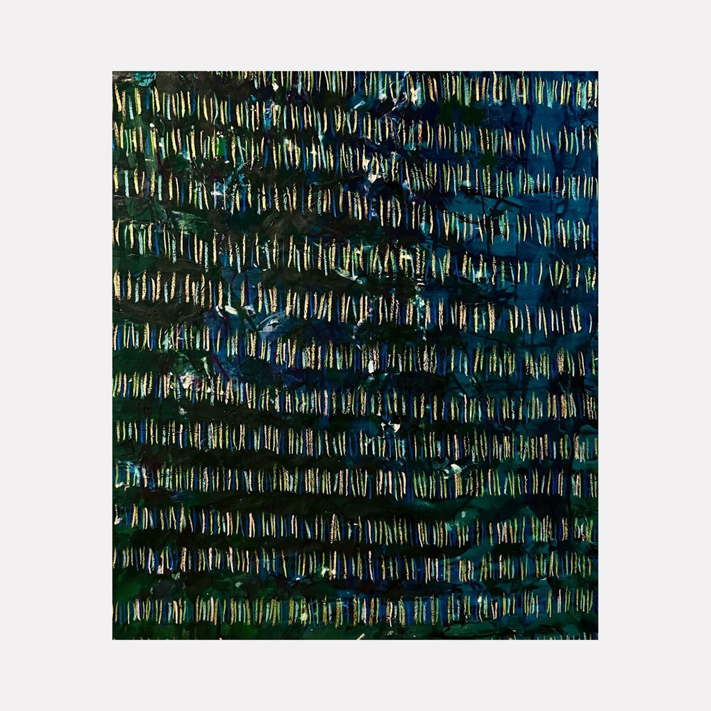 The artwork "Line Path 3" by Albion Vu features a textured abstract composition with vertical and horizontal lines repeated across a deep blue and green background, created with acrylics and oil pastel on canvas. The layering of colors and textured strokes adds depth and movement to the piece. Albion Vu.