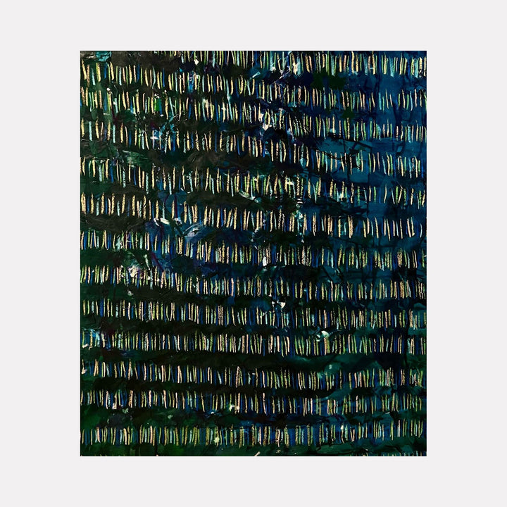 The artwork "Line Path 3" by Albion Vu features a textured abstract composition with vertical and horizontal lines repeated across a deep blue and green background, created with acrylics and oil pastel on canvas. The layering of colors and textured strokes adds depth and movement to the piece. Albion Vu.