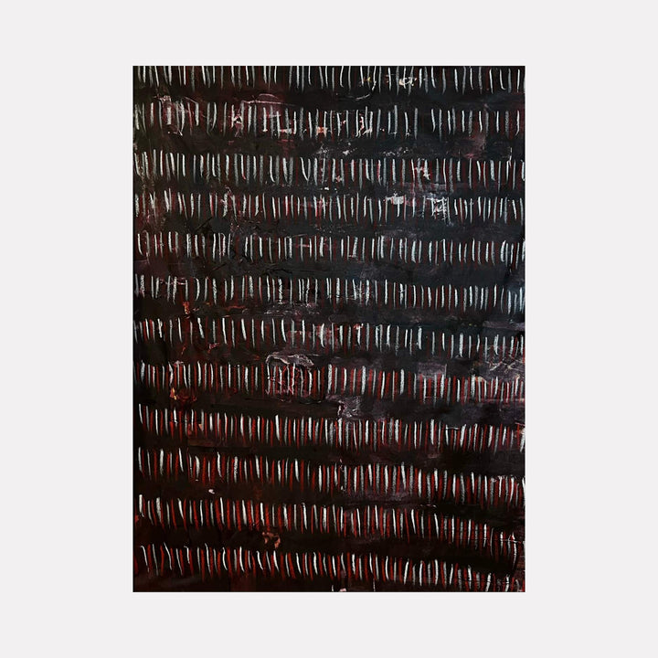 The artwork "Line Path 4" features a series of vertical white and red linear marks arranged in rows against a dark, textured black background, creating a rhythmic pattern with varying thickness and spacing. The piece has an abstract, contemporary style with a tactile, almost carved appearance. By Albion Vu.