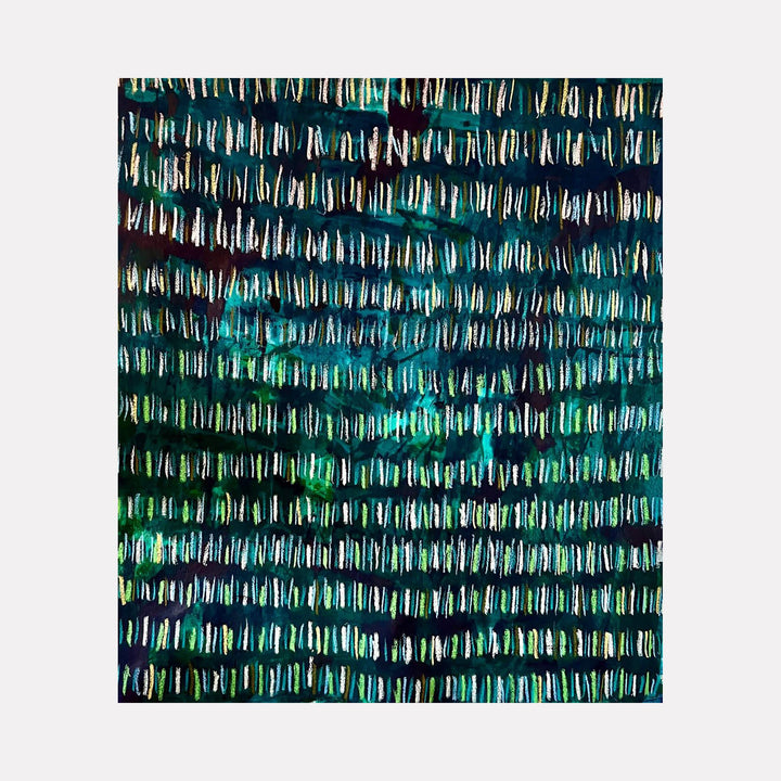 The artwork "Line Path 5" features repetitive vertical strokes in white, light blue, and green tones layered over a dark, textured background with hints of teal and navy. Created with acrylics and oil pastel on canvas, the piece evokes a rhythmic and abstract pattern. By Albion Vu.