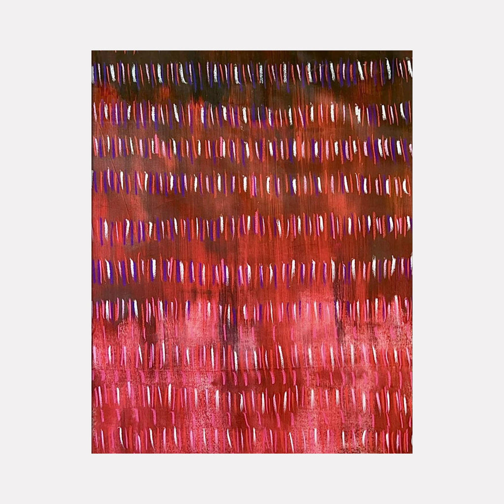 The artwork "Line Path 6" features an abstract pattern of vertical dashes in white, pink, purple, and red hues layered over a rich gradient background transitioning from deep brown to bright red. The texture appears dynamic with a mix of soft and sharp brushstrokes, creating a sense of movement and depth. By Albion Vu.