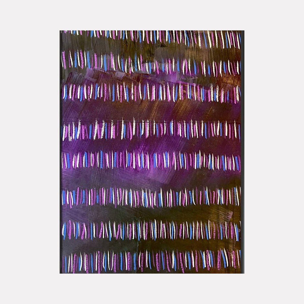 The artwork "Line Path 7" features horizontal rows of elongated, colorful vertical strokes in shades of purple, pink, white, and blue set against a dark textured background. The combination of acrylics and oil pastel creates rich layers and vibrant contrasts. This piece measures 55 by 34 inches and is by Albion Vu.