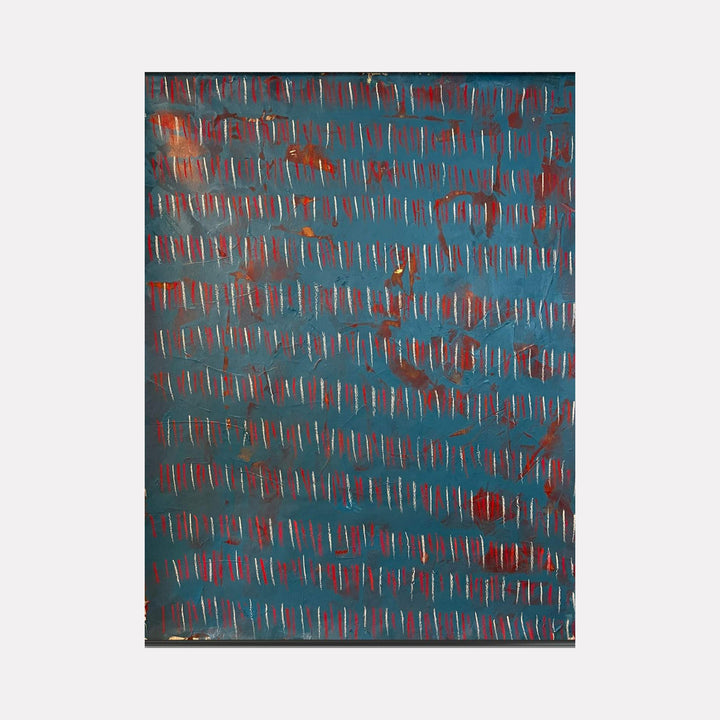 The artwork "Line Path 8" features an abstract composition of evenly spaced vertical and diagonal white and red lines set against a textured deep blue background with hints of rusty orange accents. The painting emphasizes linear repetition and contrast in color and form. By Albion Vu.