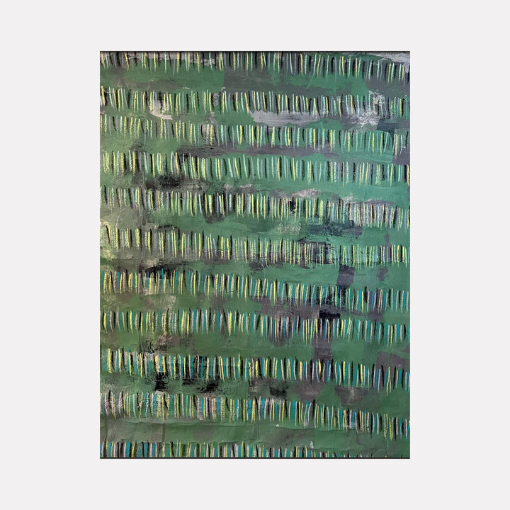 The artwork "Line Path 9" features an abstract composition of repeated vertical dashes in varying shades of green, yellow, and subtle hints of blue and gray, created with acrylics and oil pastel over canvas, showcasing textured, layered brushstrokes on a 58 x 58 inch square canvas. By Albion Vu.