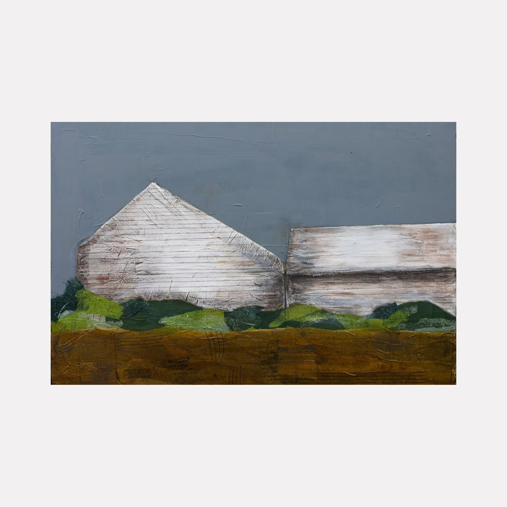 The artwork 'Location! Location! Location!' by Dobee Snowber depicts a minimalist landscape featuring weathered white farm buildings against a moody slate-gray sky. The composition shows textured architectural forms with rustic, horizontal siding, set against verdant green foliage and rich brown earth tones, painted in mixed media on board.