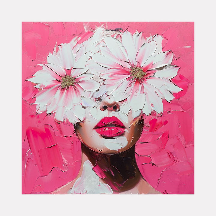 The artwork "Lovely Flower Woman" by Claudia Sauter in gallery position 1 features a striking female portrait with large white flowers obscuring the eyes, set against a vivid pink textured background. The rich impasto technique and bold color contrasts draw inspiration from the expressive brushwork of Leonid Afremov and the floral symbolism found in Georgia O’Keeffe’s paintings.