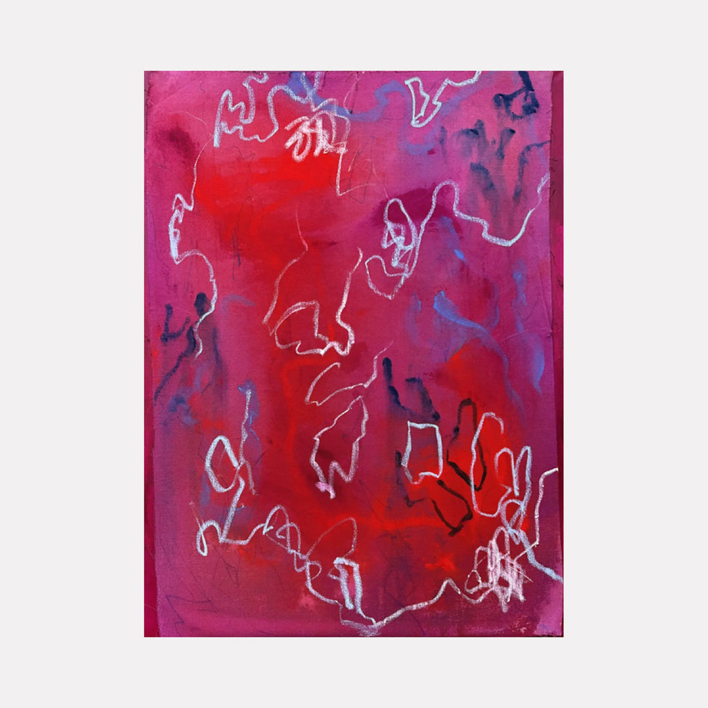 The artwork "Love and You" by Adele Marchant features a vibrant abstract composition dominated by rich red and magenta hues with accents of blue and black. White and dark linear scribbles create dynamic, flowing shapes reminiscent of Cy Twombly’s expressive style. The textured layers evoke the emotional depth of abstract expressionism.