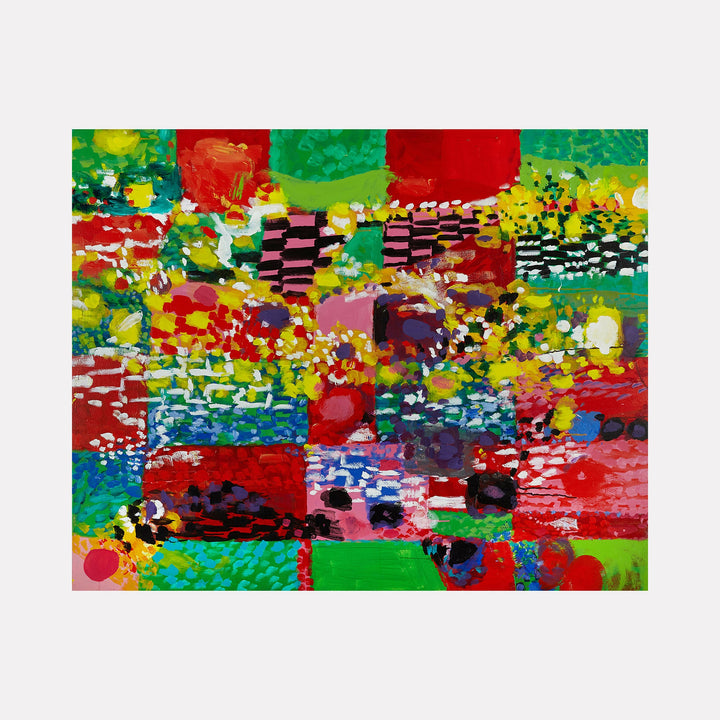 The artwork "LOVE BOMB" by Lisa Warren features a vibrant abstract composition of overlapping rectangles and organic shapes in bold reds, greens, yellows, and blues. The textured brushstrokes and rhythmic patterns evoke the dynamic energy of Hans Hofmannâ€™s color contrasts and the playful abstraction reminiscent of Sonia Delaunayâ€™s textile-inspired works.