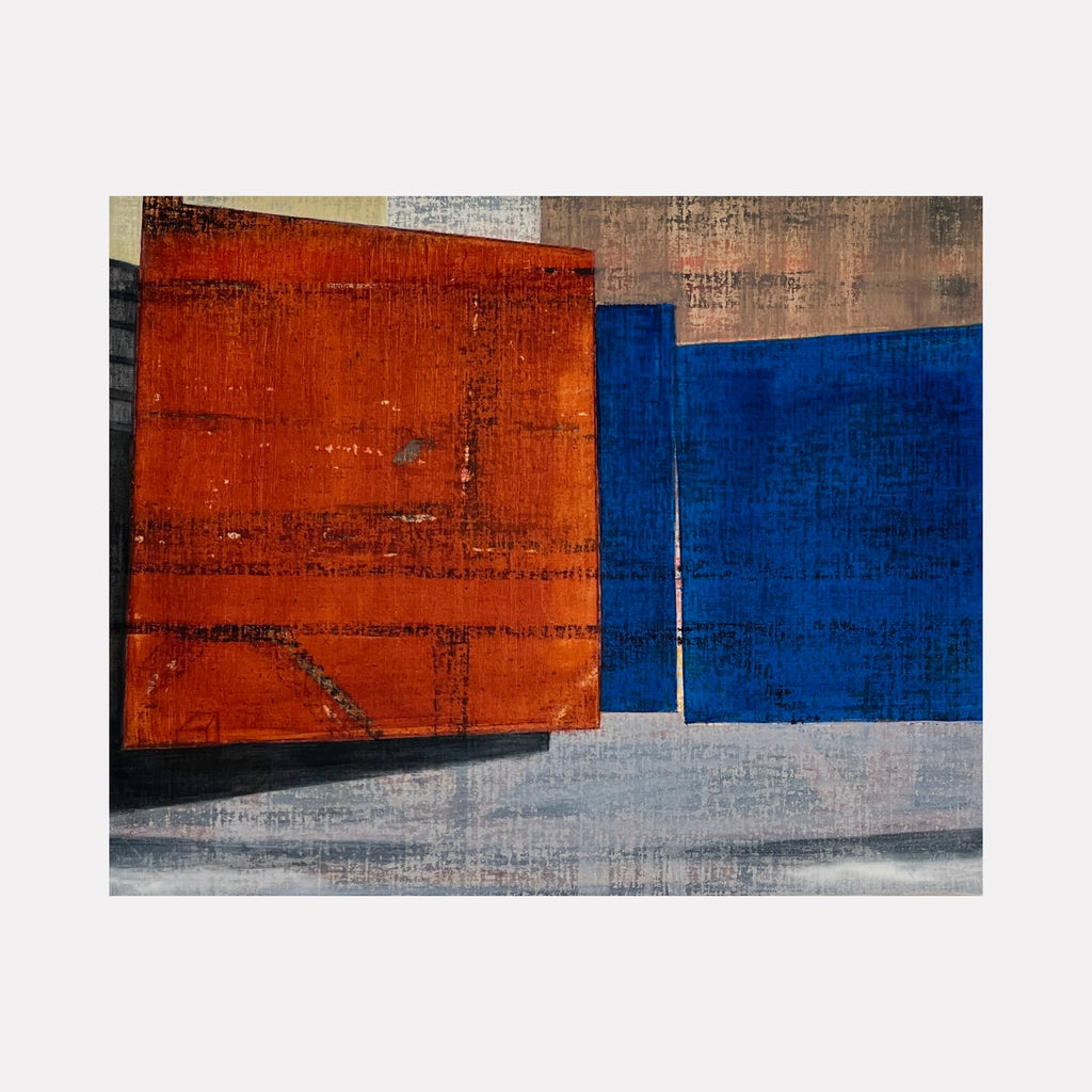 La Barracata by Cora Jane Glasser features layered geometric forms in bold orange and deep blue hues with textured, earthy backgrounds, creating a striking abstract art piece that balances vibrant color blocks with subtle atmospheric shading and intricate surface detail.
