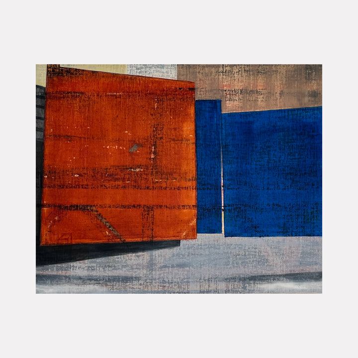 La Barracata by Cora Jane Glasser features layered geometric forms in bold orange and deep blue hues with textured, earthy backgrounds, creating a striking abstract art piece that balances vibrant color blocks with subtle atmospheric shading and intricate surface detail.