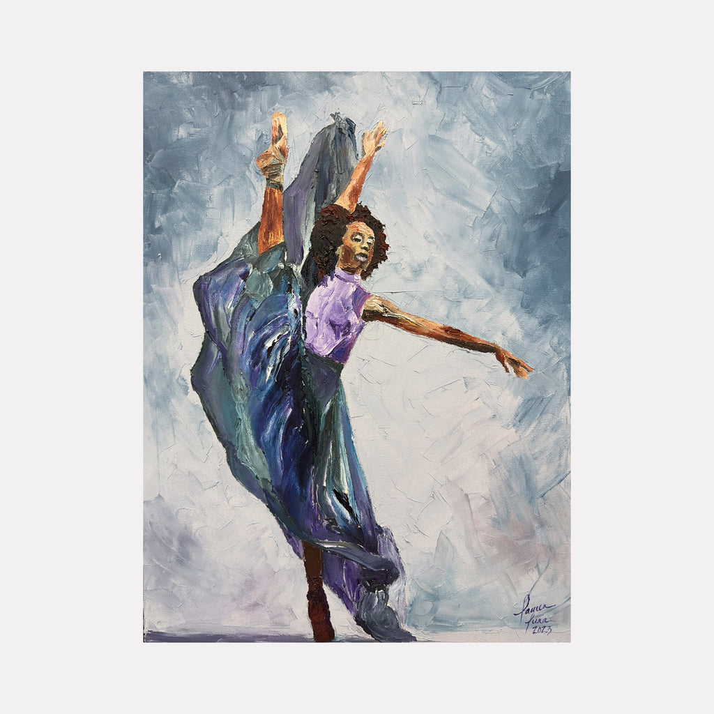 The artwork "Lady Dancer" by Lauren Luna depicts a female dancer in mid-leap with a flowing purple skirt and a lilac top. The textured brushstrokes create dynamic movement and energy, emphasizing the dancer's grace against a soft, abstract blue-gray background. Lauren Luna.