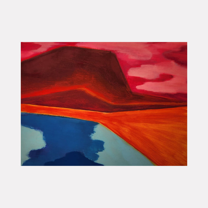 The artwork 'Land Ho' by Joanie Flickinger depicts a striking abstract landscape with a dramatic burgundy mountain against a crimson sky. A vibrant orange shoreline meets deep blue waters, creating a bold contrast. The acrylic gouache painting showcases sweeping horizontal lines and bold color blocking, reflecting a contemporary minimalist interpretation of a coastal scene by Joanie Flickinger.