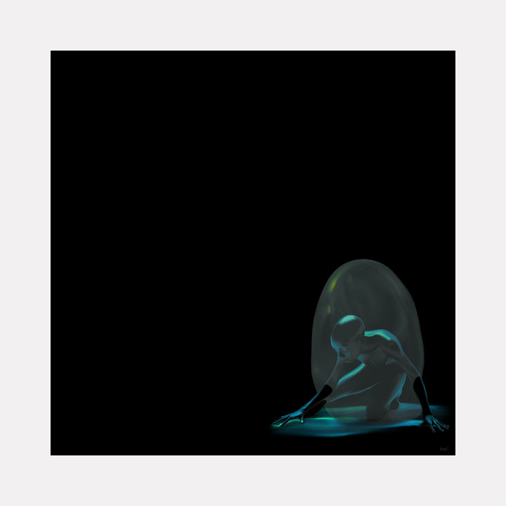 Landed on Different Soil by Maria Sanchez shows a solitary figure emerging from a translucent, glowing orb against a deep black background, evoking themes of emergence and transformation through dramatic light and shadow in contemporary art.