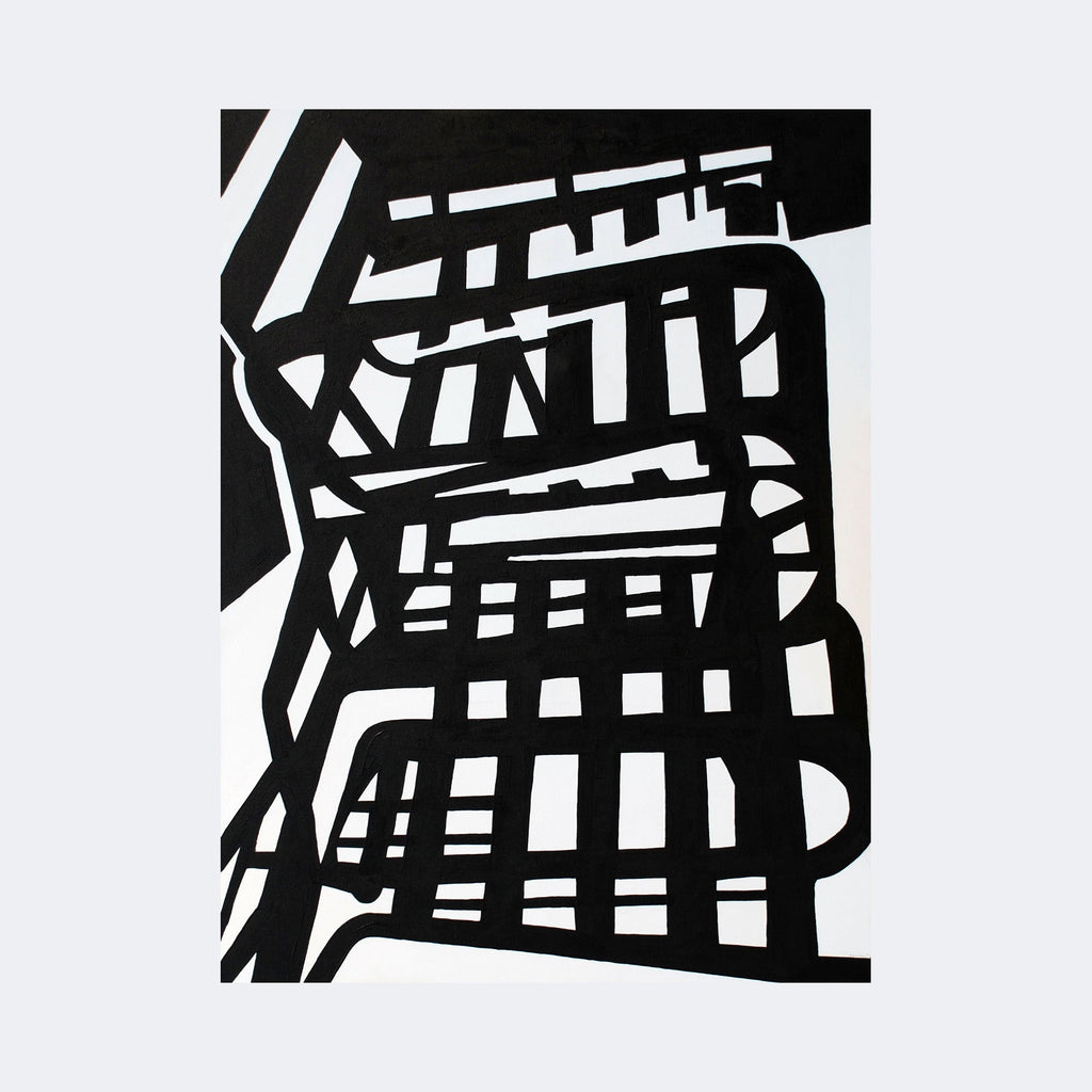 The artwork "Large Chair 1" by Lisa Petker Mintz features a bold, abstract black-and-white composition depicting the geometric outline of a large chair. The design uses thick, intersecting black lines against a white background, reminiscent of the minimalist and graphic styles of artists like Franz Kline. The strong contrast and structured shapes create a striking modernist feel.