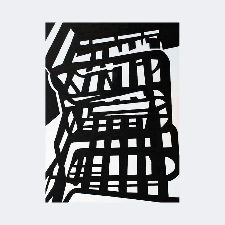The artwork "Large Chair 1" by Lisa Petker Mintz features a bold, abstract black-and-white composition depicting the geometric outline of a large chair. The design uses thick, intersecting black lines against a white background, reminiscent of the minimalist and graphic styles of artists like Franz Kline. The strong contrast and structured shapes create a striking modernist feel.