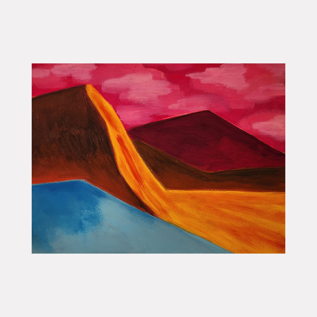 The artwork 'Lava Land' by Joanie Flickinger depicts a vibrant abstract landscape with a flowing stream of orange lava cascading down brown volcanic mountains against a dramatic crimson sky. A pool of turquoise blue water contrasts with the warm tones, creating a striking composition in acrylic gouache on cotton paper.