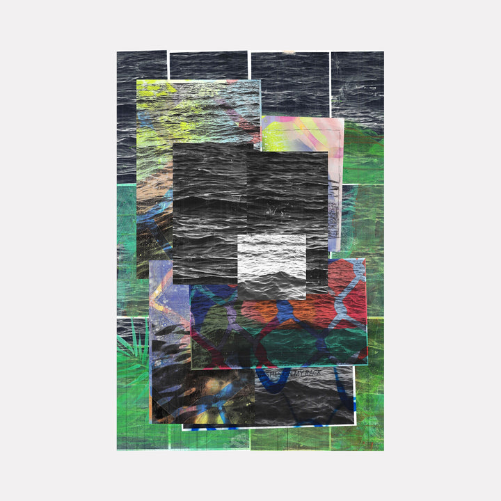The artwork "Layered Waves" by Francisco Donoso features overlapping rectangular shapes with textured wave patterns and abstract color blocks in shades of black, green, blue, red, and yellow. The piece's layered composition and dynamic use of color evoke a modern style reminiscent of Helen Frankenthaler’s color field paintings and the geometric abstraction of Josef Albers.