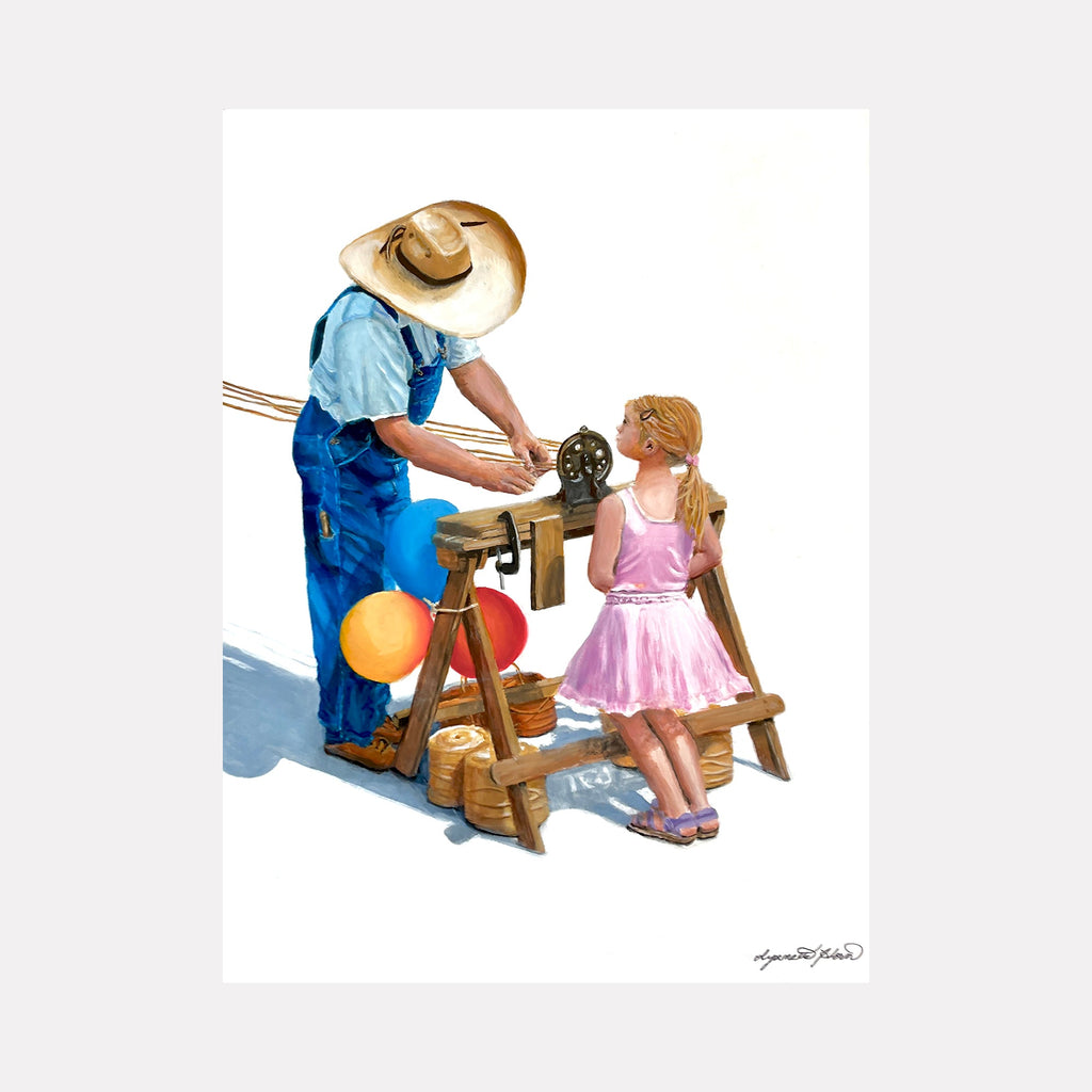 The artwork 'Leaning In' depicts figure in overalls at water pump with child in pink dress, rustic scene, acrylic painting by Lynnette Horn