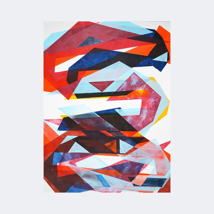 The artwork "Leap of Faith" by Lisa Petker Mintz features dynamic layers of geometric shapes in bold reds, blues, and oranges with translucent overlays that create depth and movement. The abstract composition, reminiscent of Cubism and the work of artists like Sonia Delaunay, uses sharp angles and vibrant color contrasts to evoke a sense of motion and energy.