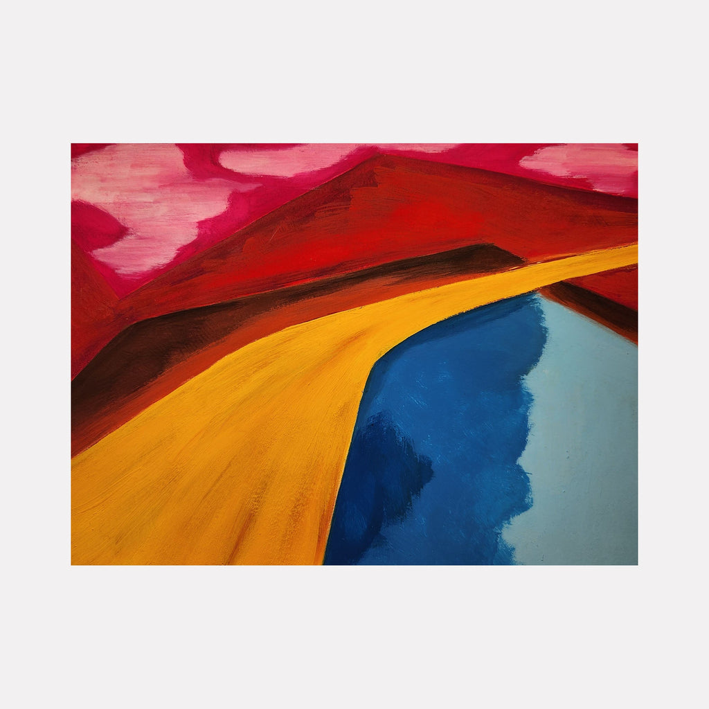 The artwork 'Let's Go' features bold abstract curves in vibrant colors - a sweeping golden yellow path curves between deep crimson mountains and a tranquil blue-grey expanse, set against a rose-colored sky. Created with acrylic gouache showing rich, smooth textures and dynamic color blocking by Joanie Flickinger.
