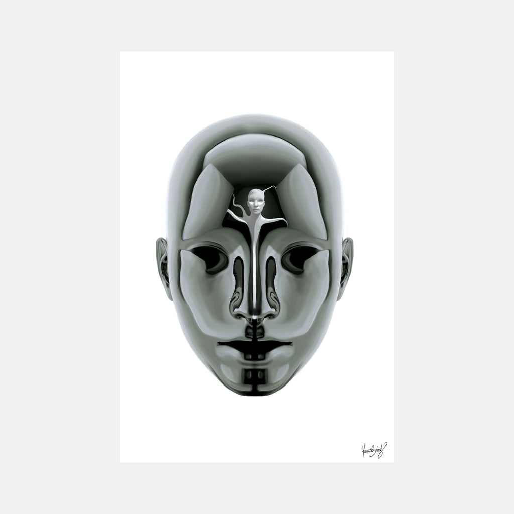 Liberation by Maria Sanchez features a sleek, reflective humanoid face with a smaller figure emerging from the forehead, symbolizing awakening and inner freedom in contemporary art.