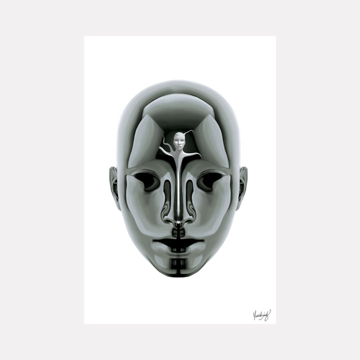 Liberation by Maria Sanchez features a sleek, reflective humanoid face with a smaller figure emerging from the forehead, symbolizing awakening and inner freedom in contemporary art.