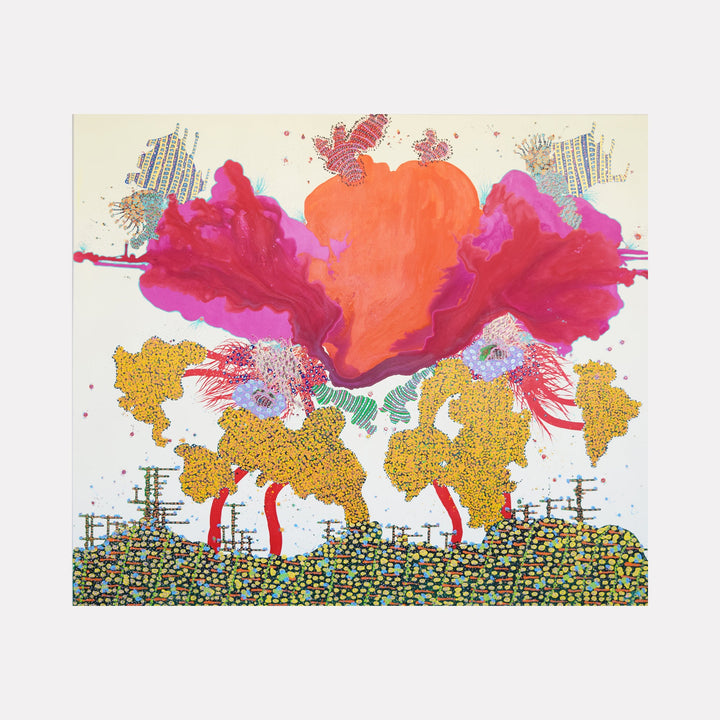 The artwork "Life To Be" by Avani Patel features an abstract landscape with bold, organic forms in vivid shades of red, pink, and orange contrasted against intricate patterns of yellow and green. Textured layers and dynamic brushstrokes evoke a sense of growth and vitality, reminiscent of the vibrant abstraction found in works by Joan Miró and Helen Frankenthaler.